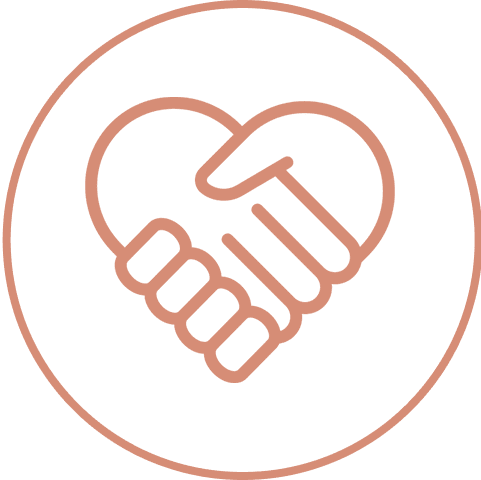 Heart-shaped handshake icon inside a circle.