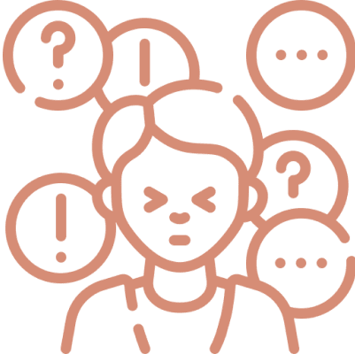 Confused person surrounded by question and exclamation marks.