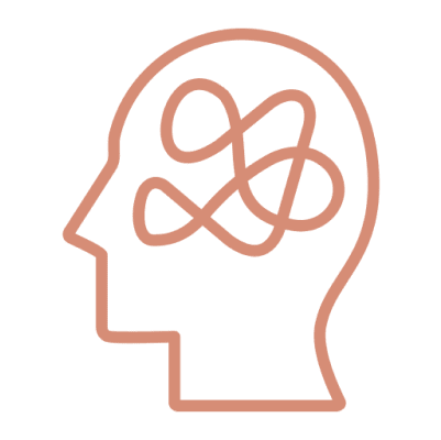 Outline of head with tangled lines inside.